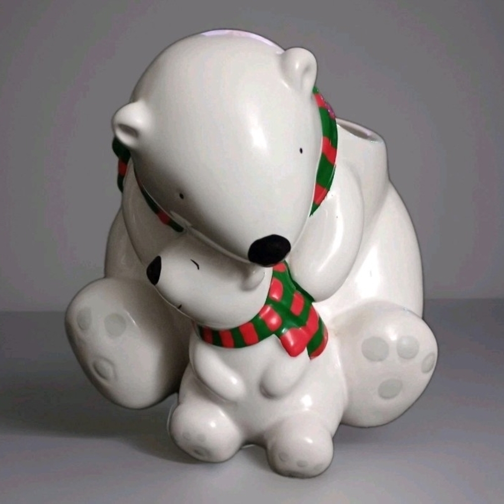 Teleflora Polar Bear And Cub Ceramic Christmas Planter Candy Bowl Dish Decor